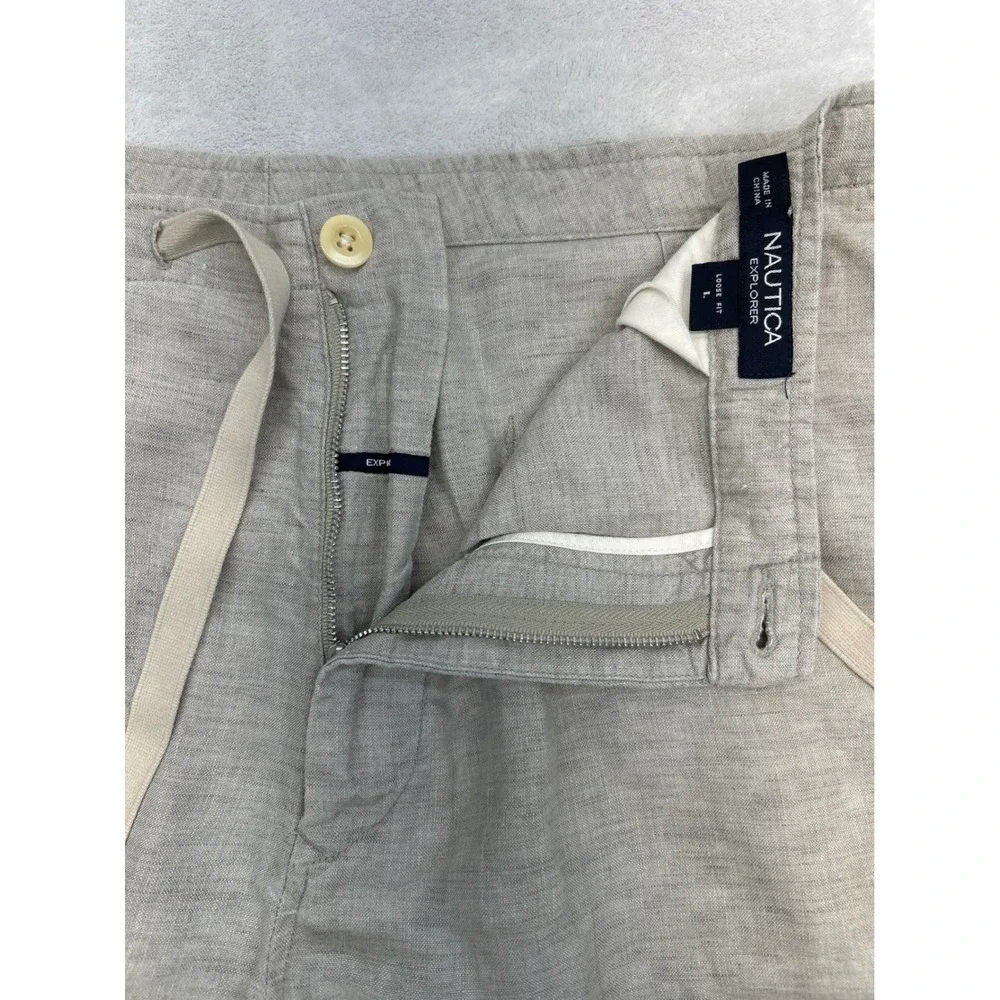 Nautica Explorer Pants Mens L Tan 100% Linen Loose Fit Drawstring Trousers